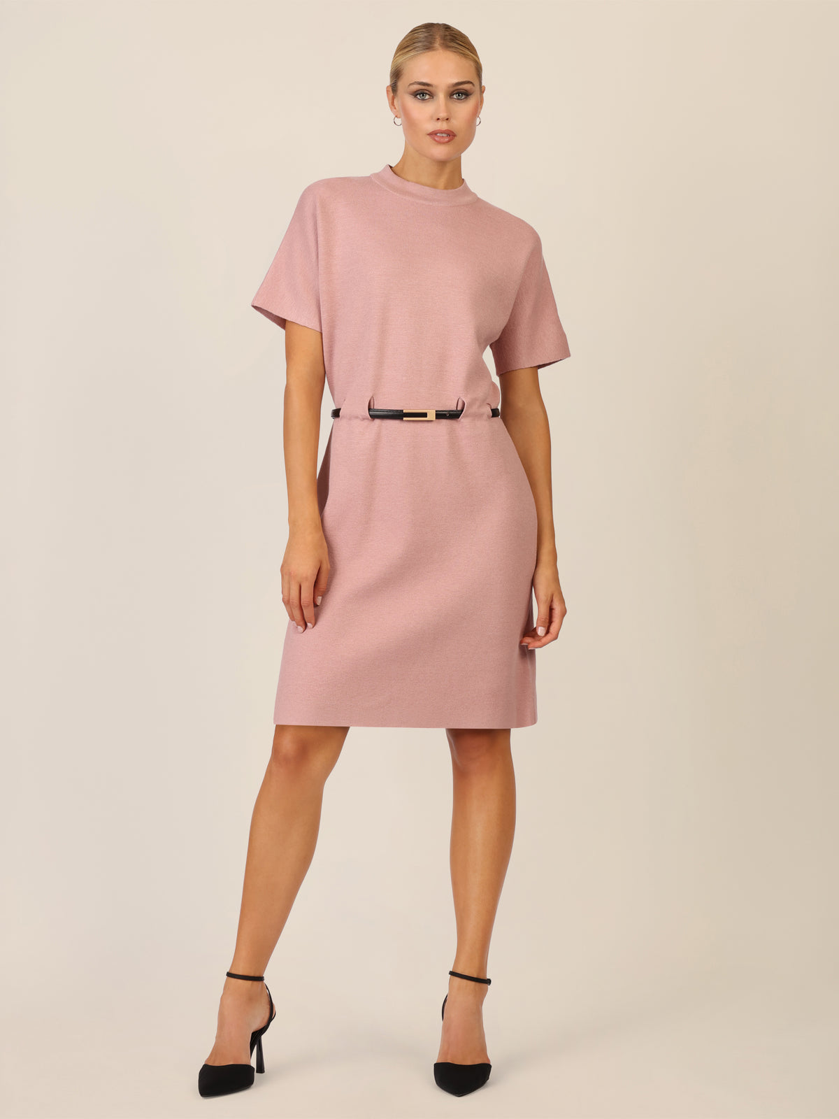APART Strickkleid mit Gürtel und Stehkragen | mauve