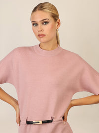 APART Strickkleid mit Gürtel und Stehkragen | mauve