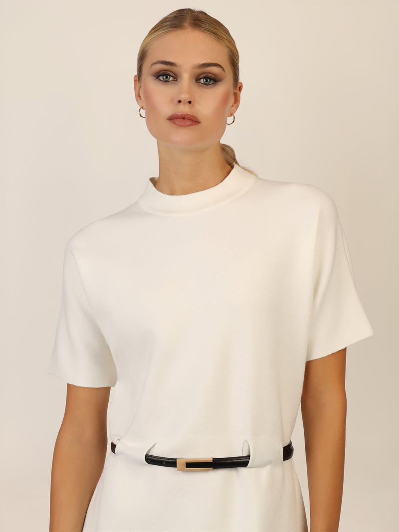 APART Strickkleid mit Gürtel und Stehkragen | creme