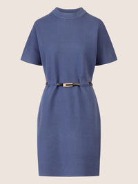 APART Strickkleid mit Gürtel und Stehkragen | mittelblau