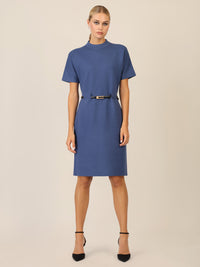 APART Strickkleid mit Gürtel und Stehkragen | mittelblau