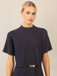 APART Strickkleid mit Gürtel und Stehkragen | nachtblau