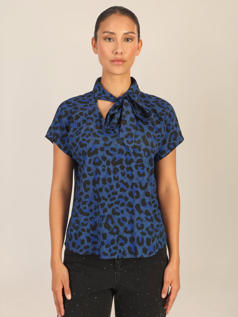 APART Bluse mit Schleifendetail und Animal-Print | mittelblau-multicolor