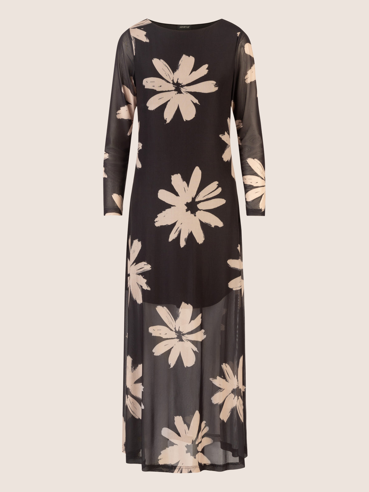 APART Maxi Meshkleid mit großem Blumenprint | schwarz-nude