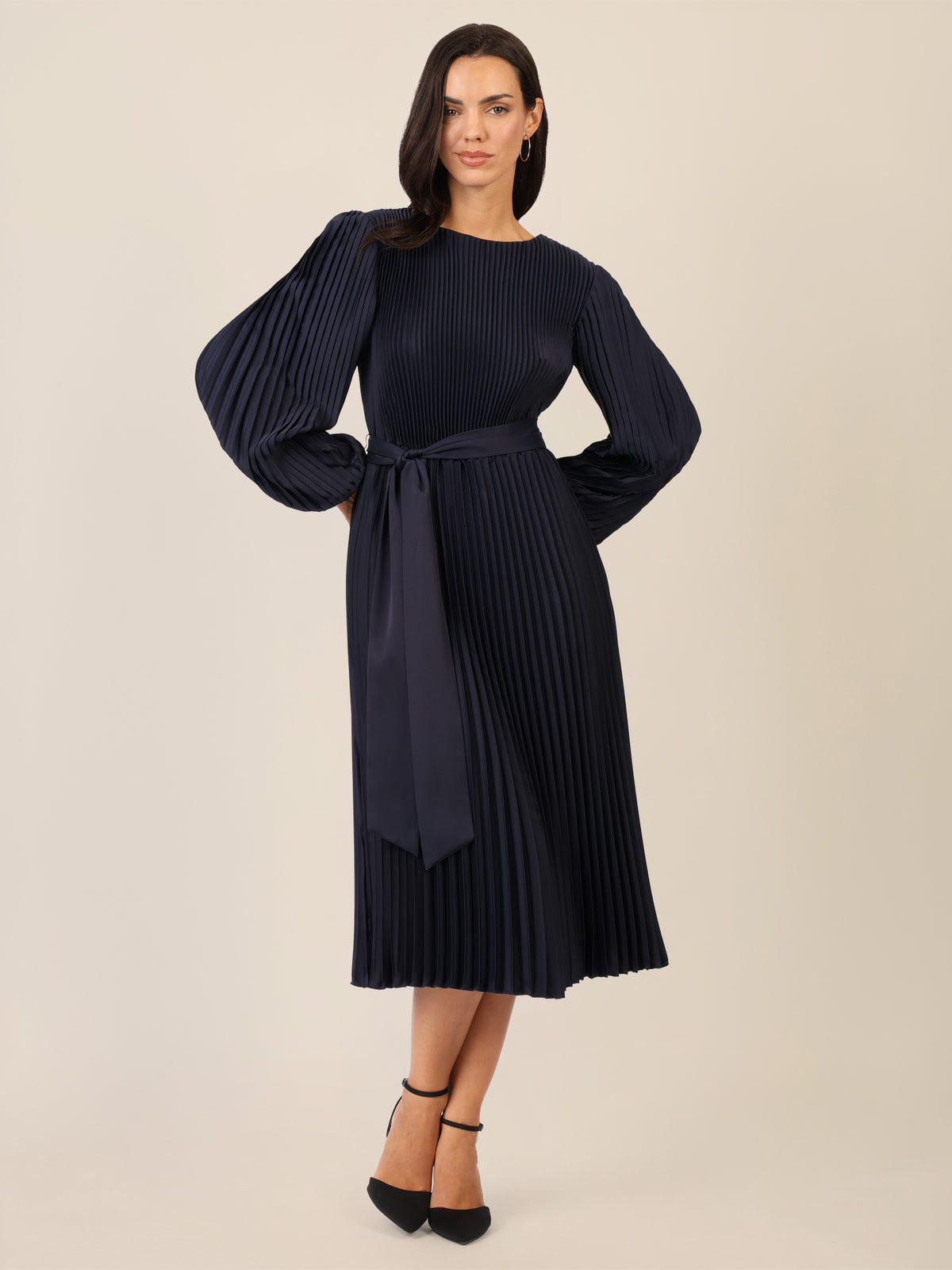 APART Midi Plisseekleid mit separatem, breitem Bindegürtel | nachtblau
