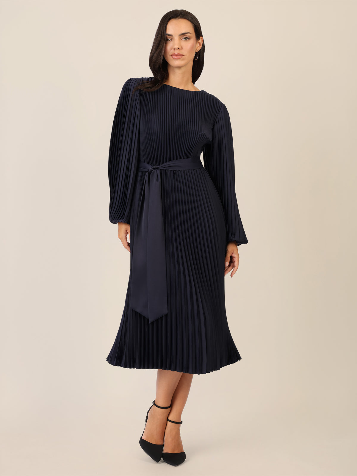 APART Midi Plisseekleid mit separatem, breitem Bindegürtel | nachtblau