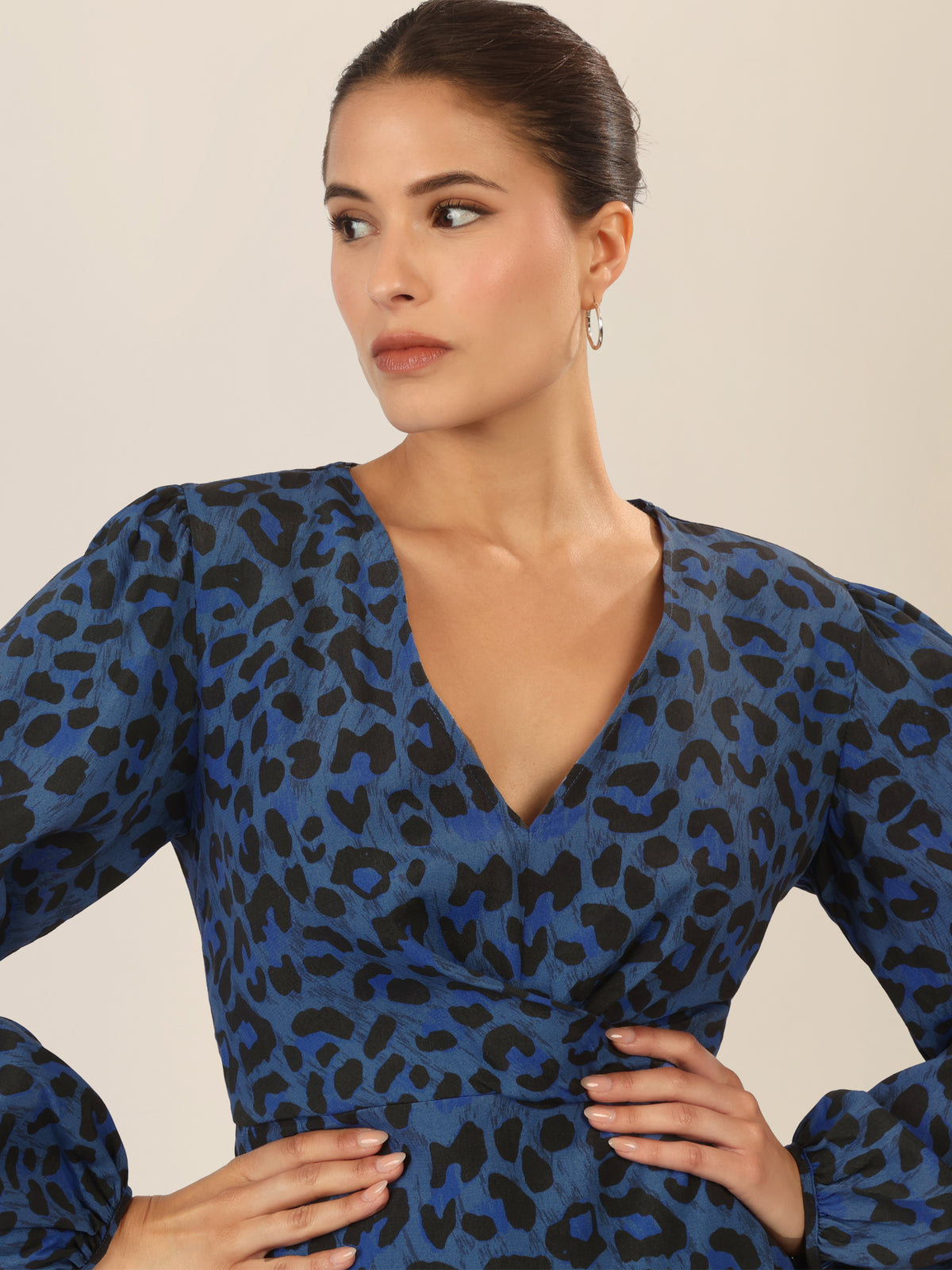 APART Kleid mit Animal-Print und Ballonärmeln | mittelblau-multicolor
