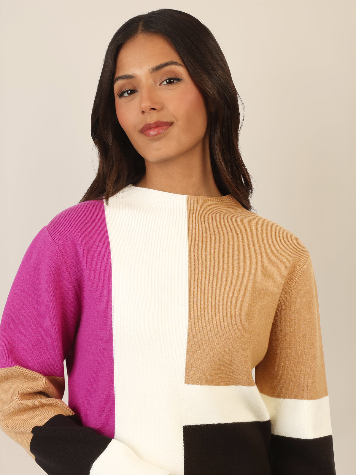 APART Colorblocking Strickkleid mit grafischem Blockmuster | lila-multicolor