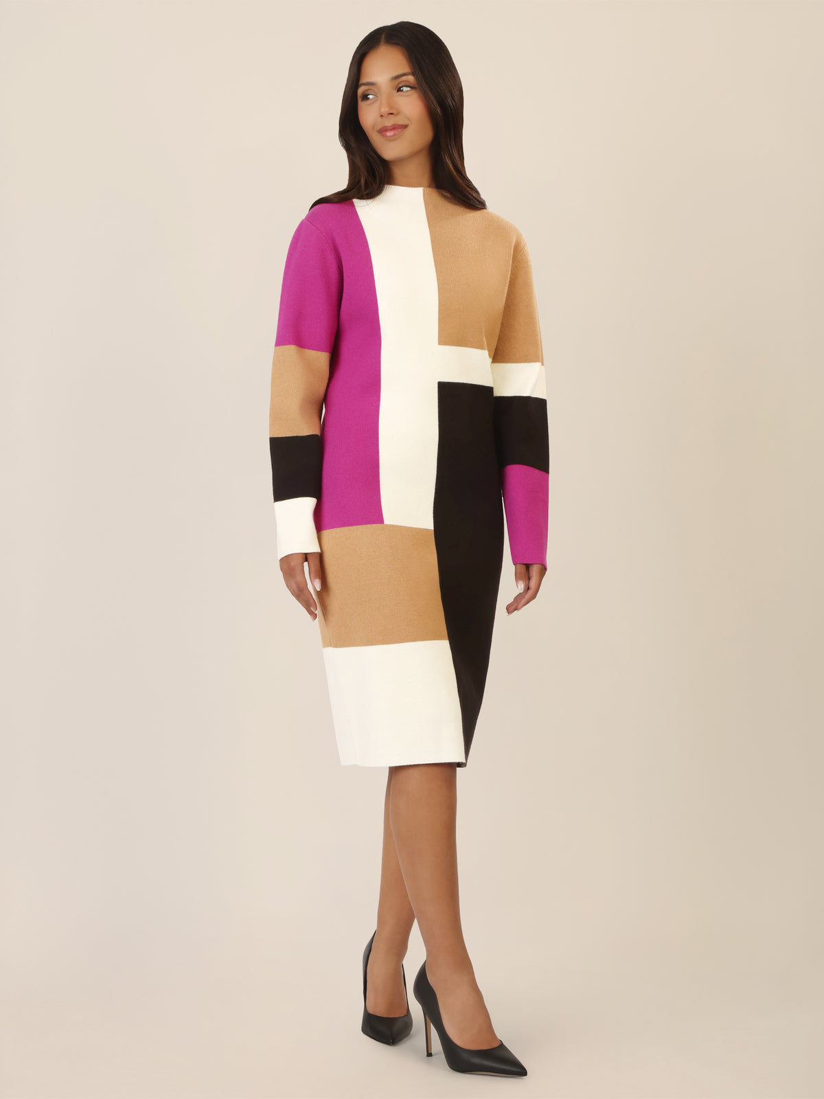 APART Colorblocking Strickkleid mit grafischem Blockmuster | lila-multicolor