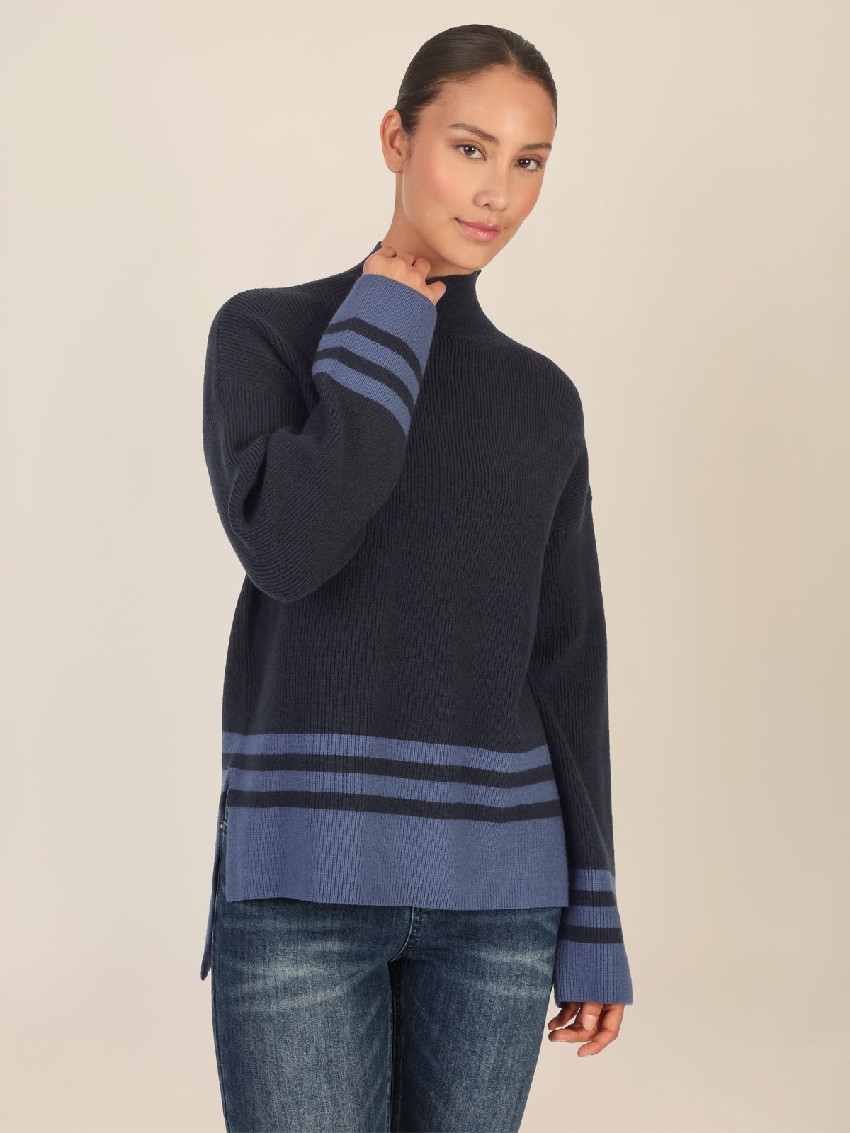 APART Oversized Pullover mit Kontraststreifen | nachtblau-dunkelblau