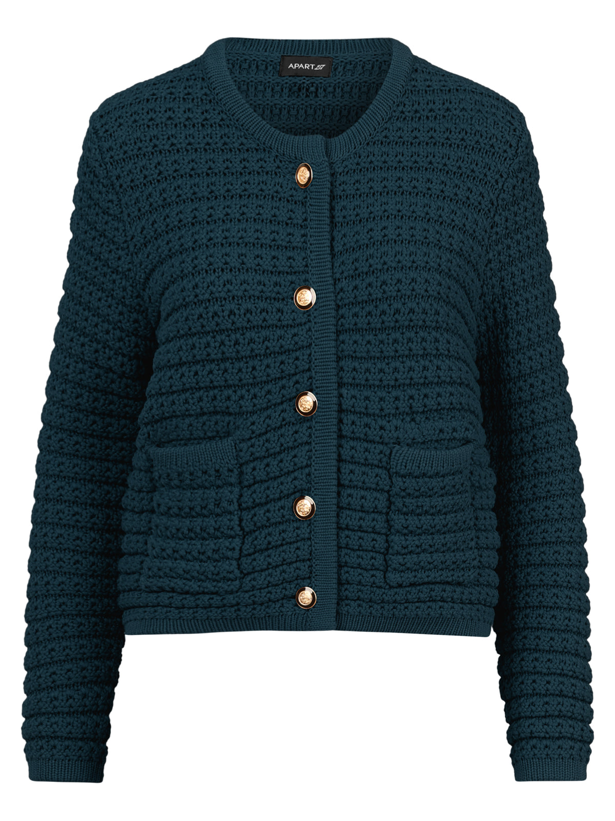 Strickjacke im Chanel-Stil mit Schmuckknöpfen | petrol
