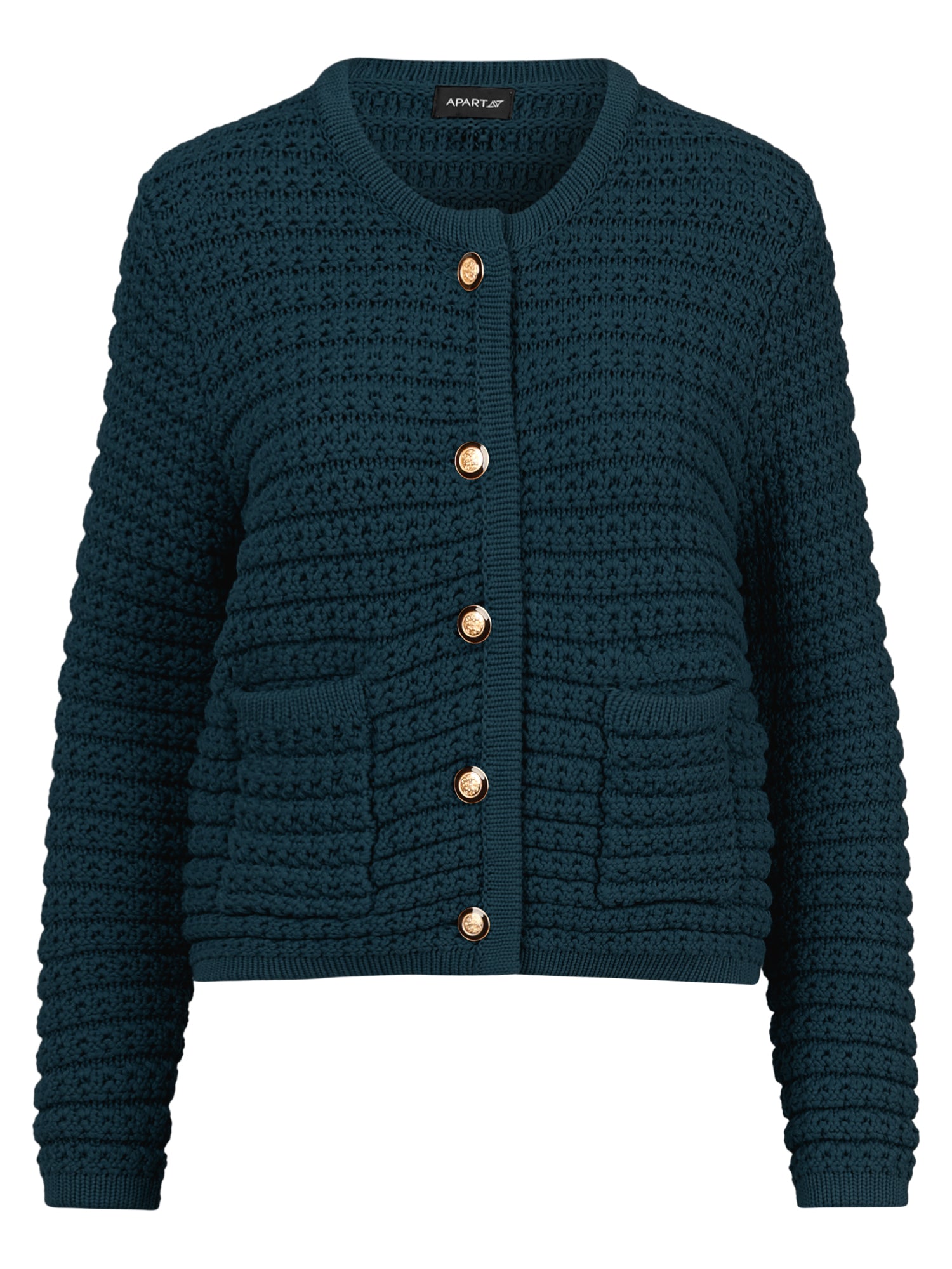 Strickjacke im Chanel-Stil mit Schmuckknöpfen | petrol