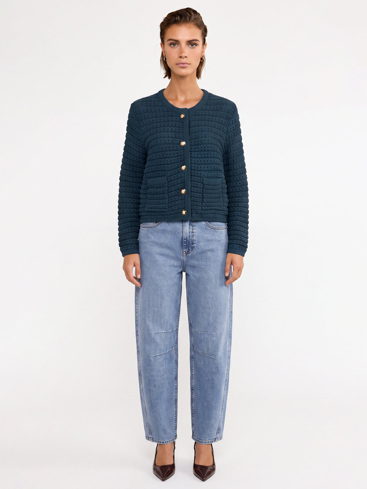 Strickjacke im Chanel-Stil mit Schmuckknöpfen | petrol