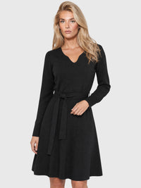 Strickkleid mit Bindegürtel mit Kaschmiranteil | schwarz