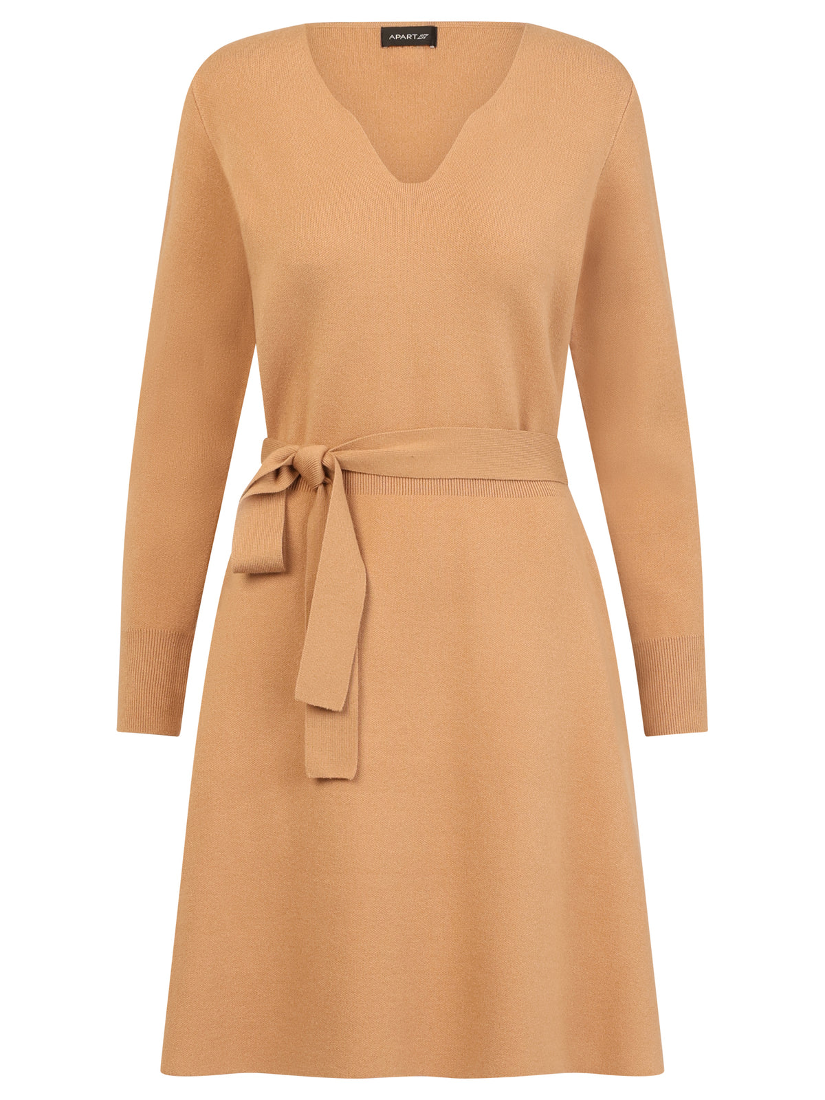 Strickkleid mit Bindegürtel mit Kaschmiranteil | camel