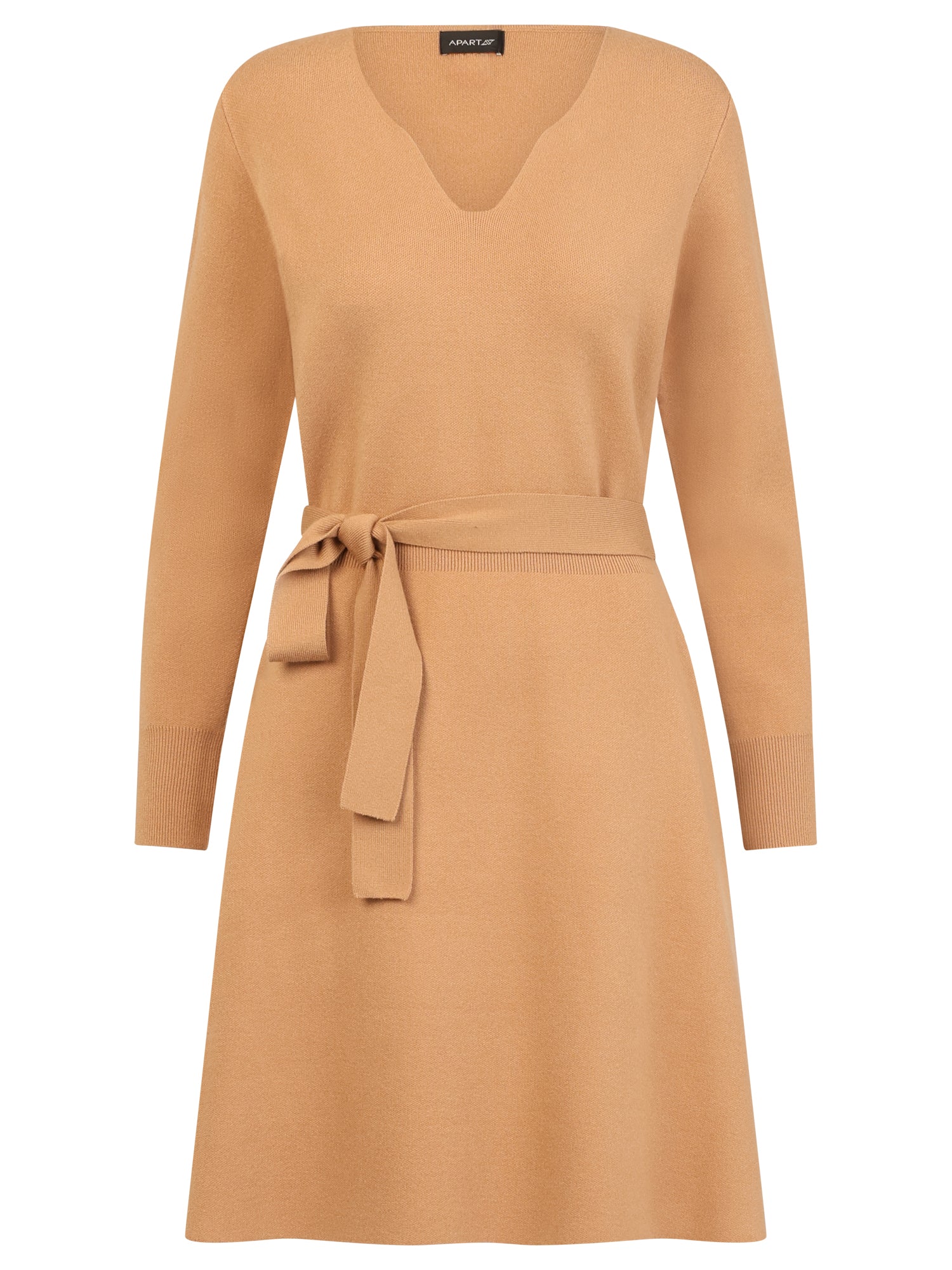 Strickkleid mit Bindegürtel mit Kaschmiranteil | camel