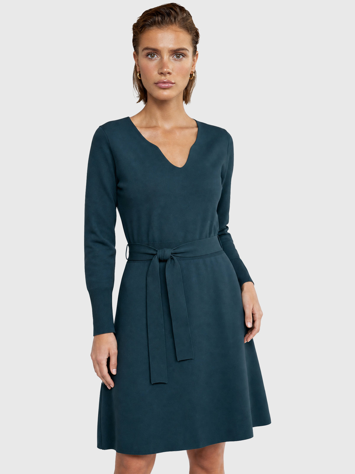 Strickkleid mit Bindegürtel mit Kaschmiranteil | petrol