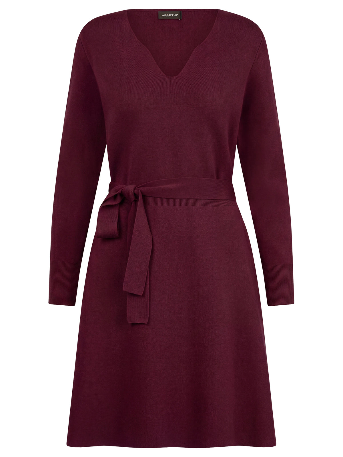 Strickkleid mit Bindegürtel mit Kaschmiranteil | weinrot