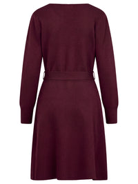 Strickkleid mit Bindegürtel mit Kaschmiranteil | weinrot