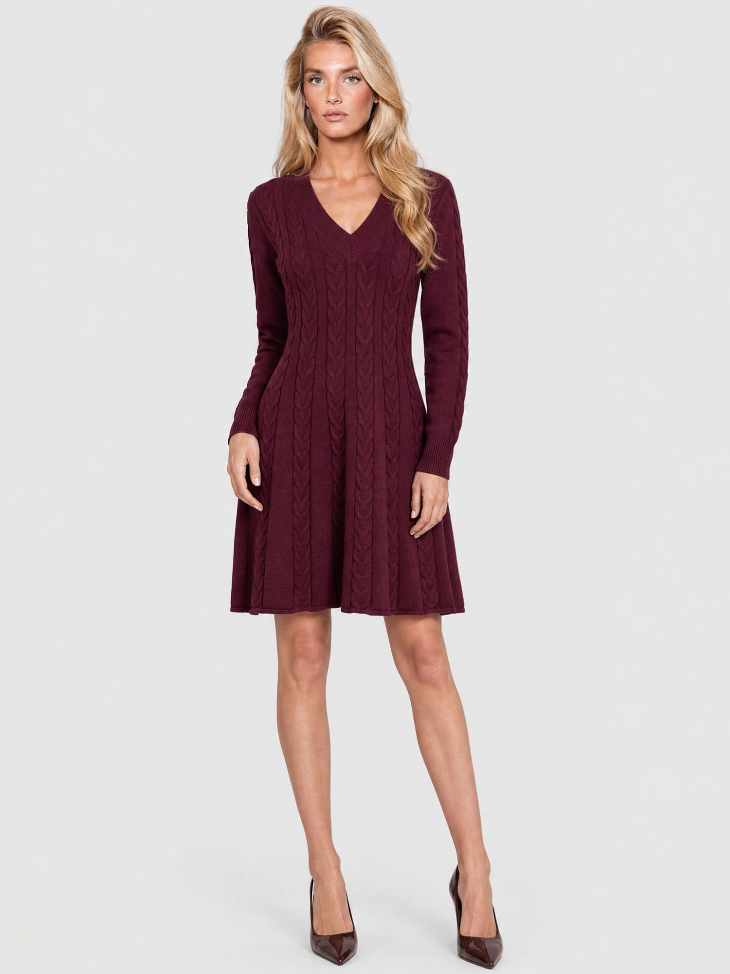 Strickkleid mit Zopfmuster und Kaschmiranteil | weinrot
