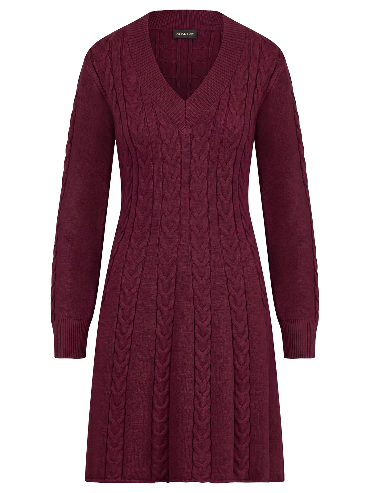 Strickkleid mit Zopfmuster und Kaschmiranteil | weinrot