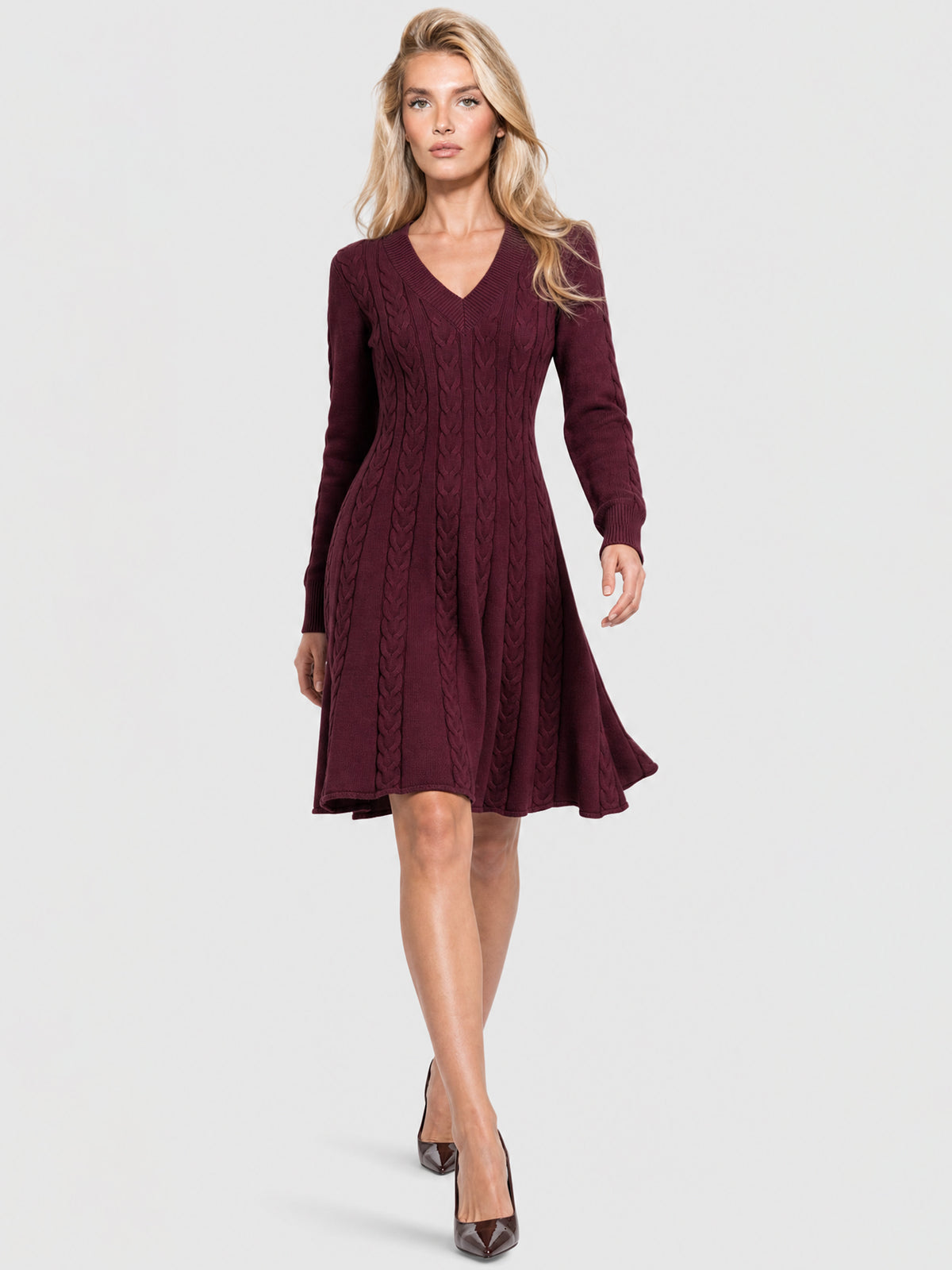 Strickkleid mit Zopfmuster und Kaschmiranteil | weinrot