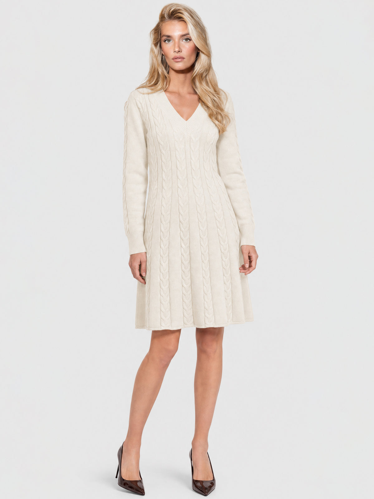 Strickkleid mit Zopfmuster und Kaschmiranteil | champagner