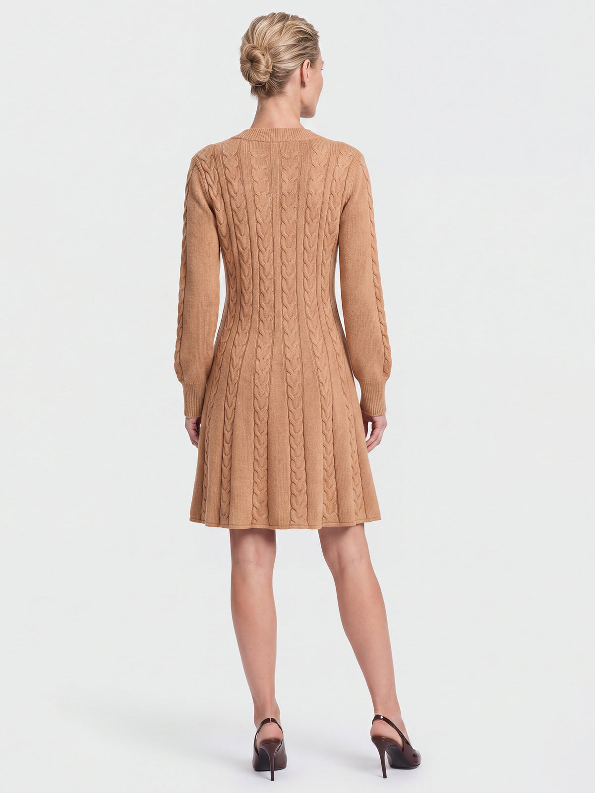Strickkleid mit Zopfmuster und Kaschmiranteil | camel