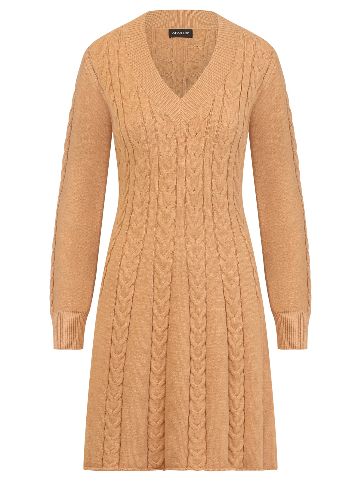 Strickkleid mit Zopfmuster und Kaschmiranteil | camel