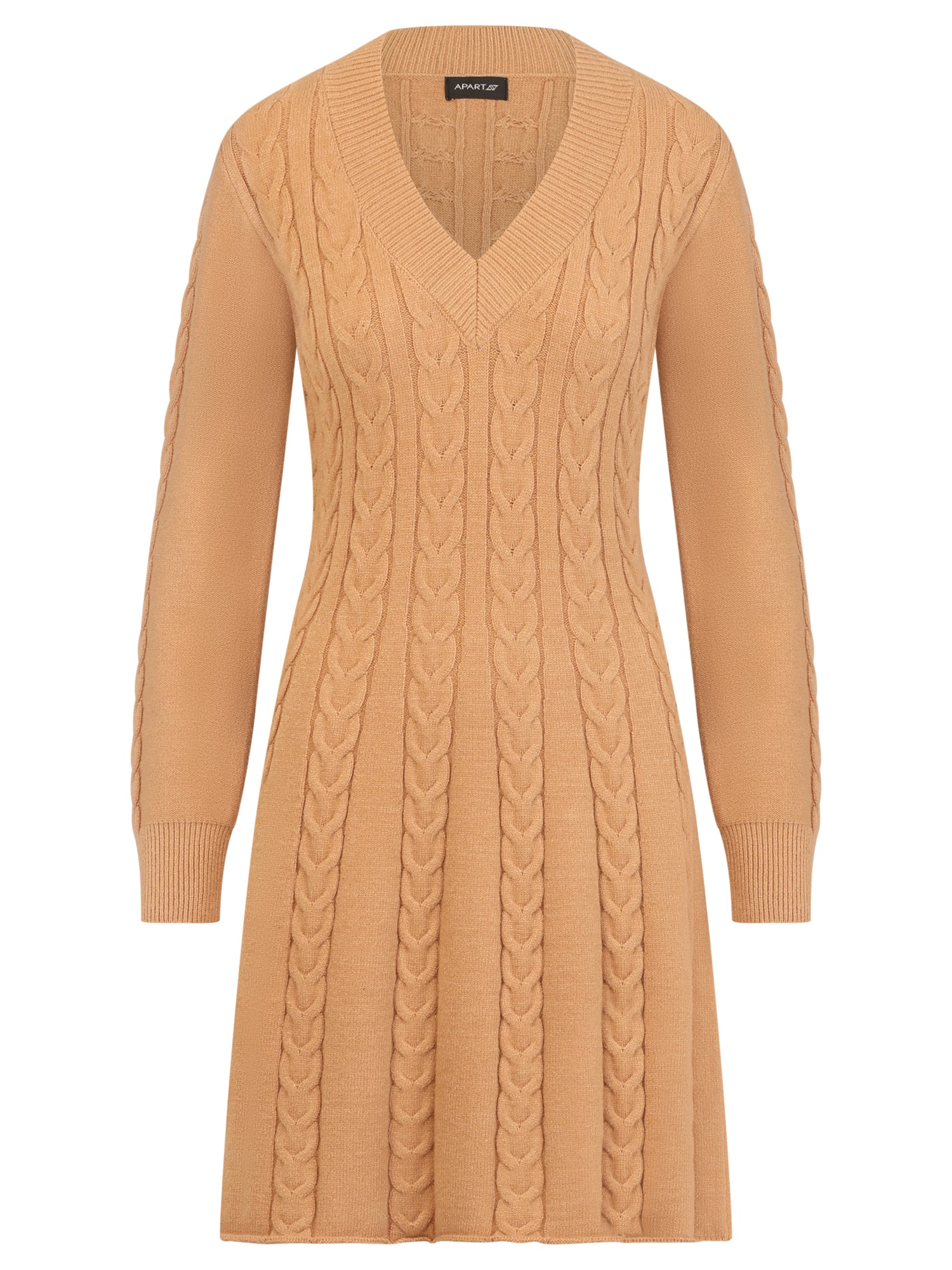 Strickkleid mit Zopfmuster und Kaschmiranteil | camel