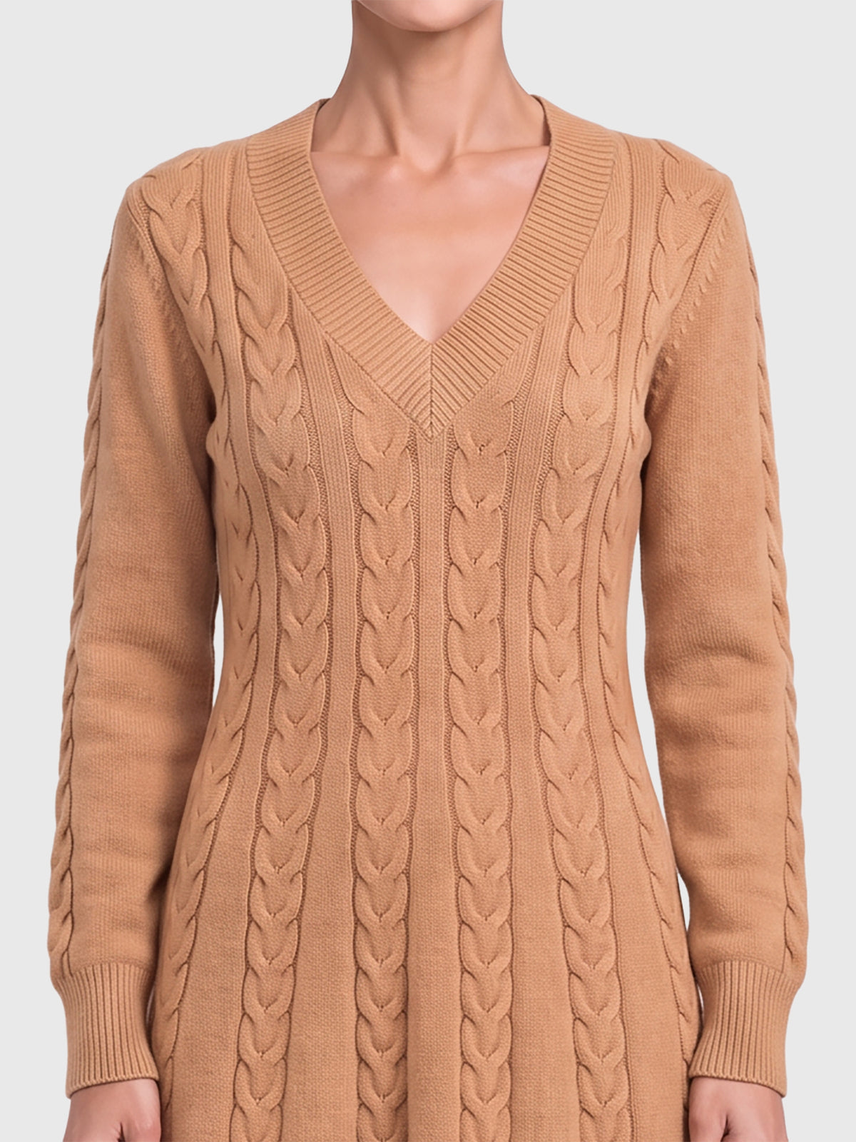 Strickkleid mit Zopfmuster und Kaschmiranteil | camel
