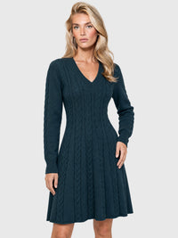 Strickkleid mit Zopfmuster und Kaschmiranteil | petrol
