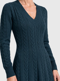Strickkleid mit Zopfmuster und Kaschmiranteil | petrol
