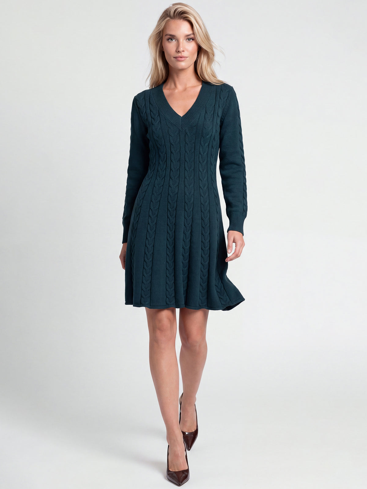 Strickkleid mit Zopfmuster und Kaschmiranteil | petrol