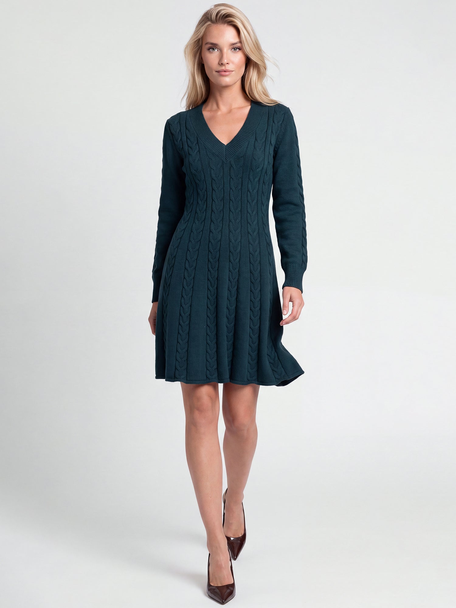 Strickkleid mit Zopfmuster und Kaschmiranteil | petrol