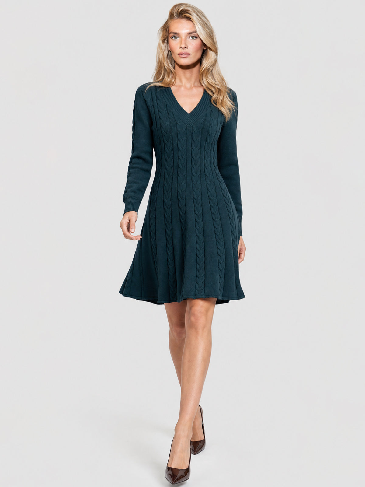Strickkleid mit Zopfmuster und Kaschmiranteil | petrol