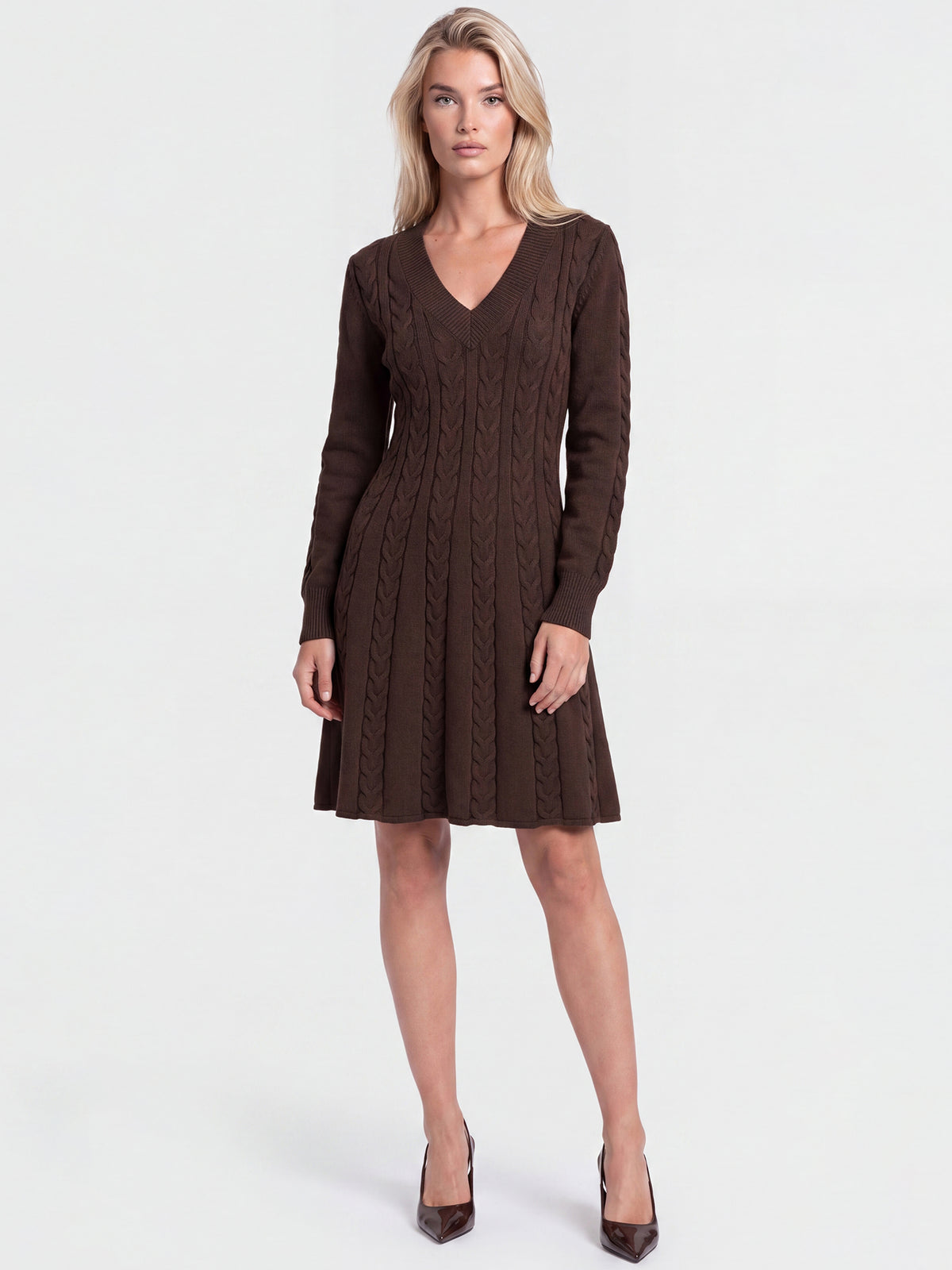Strickkleid mit Zopfmuster und Kaschmiranteil | braun