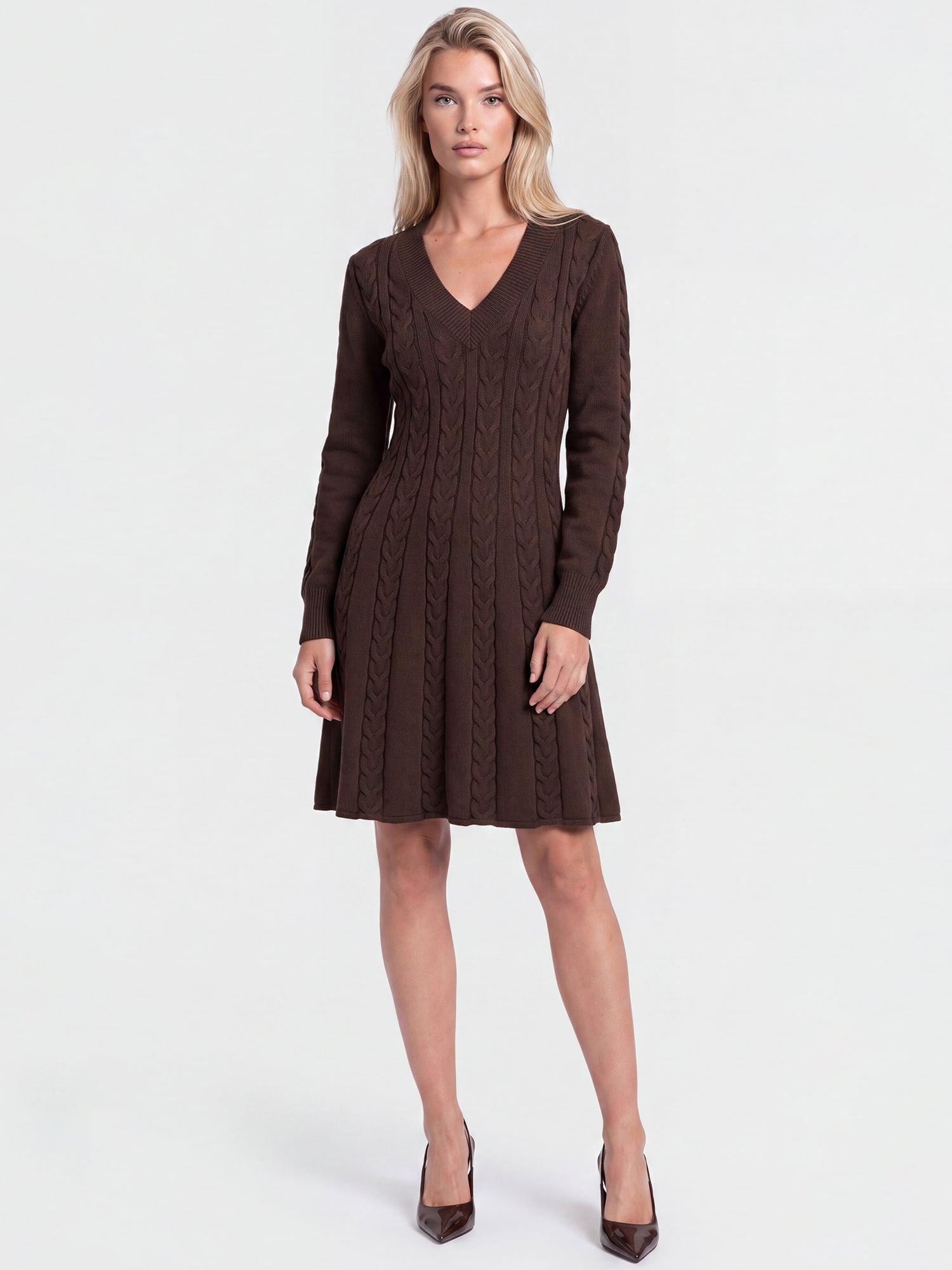 Strickkleid mit Zopfmuster und Kaschmiranteil | braun