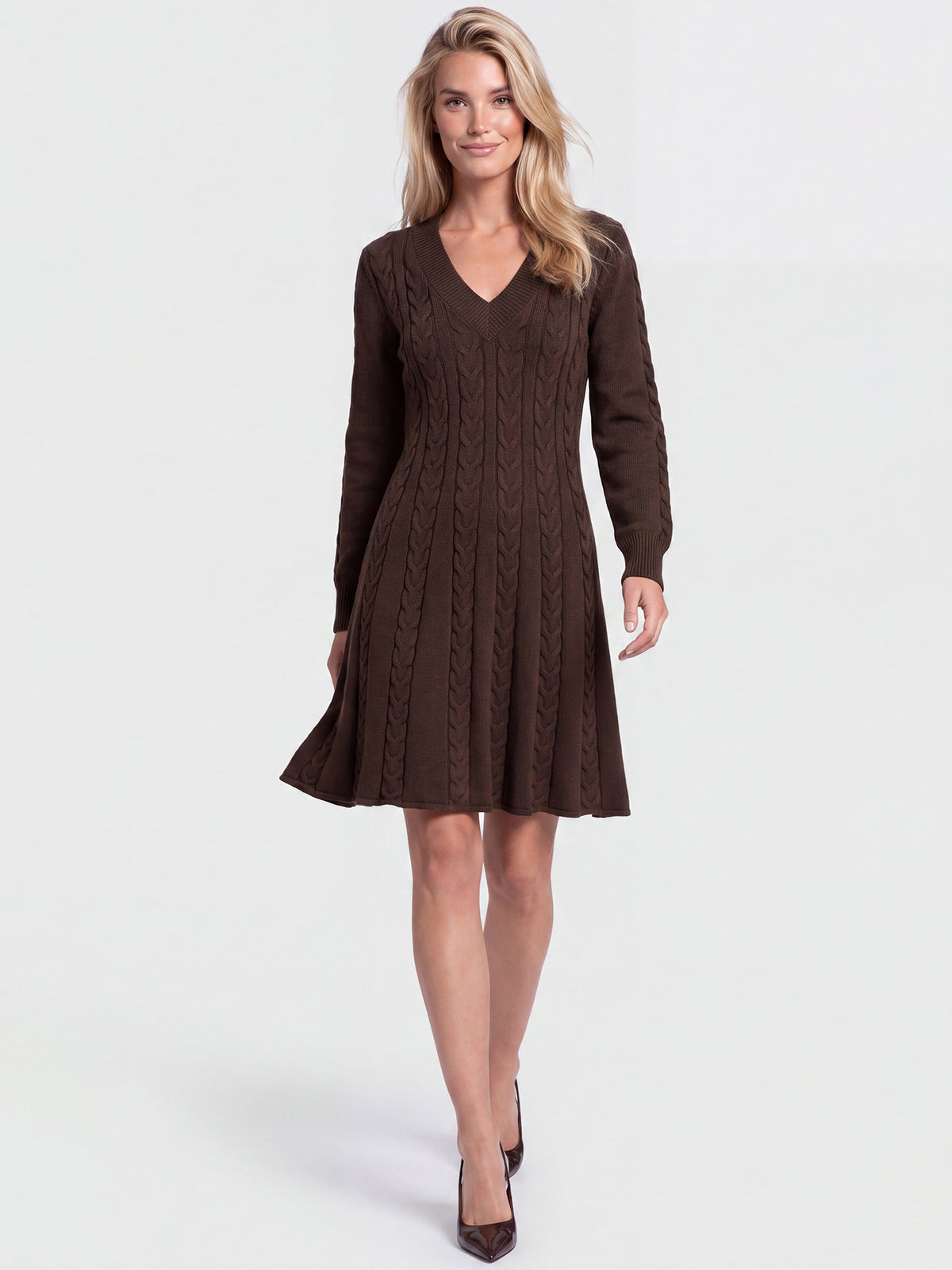 Strickkleid mit Zopfmuster und Kaschmiranteil | braun