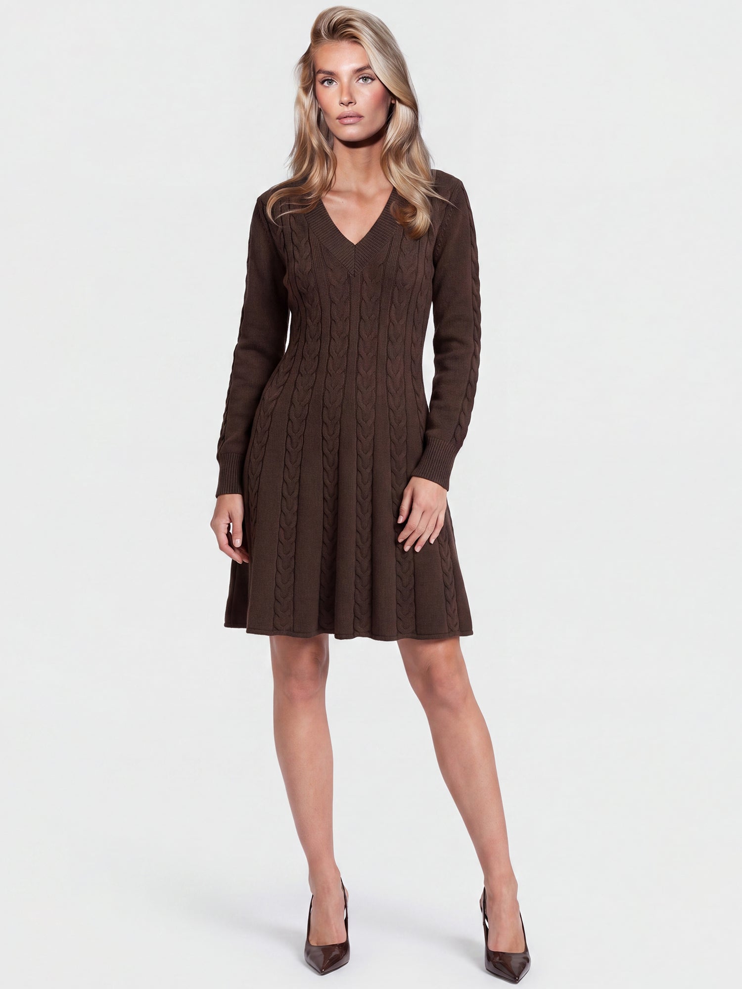 Strickkleid mit Zopfmuster und Kaschmiranteil | braun