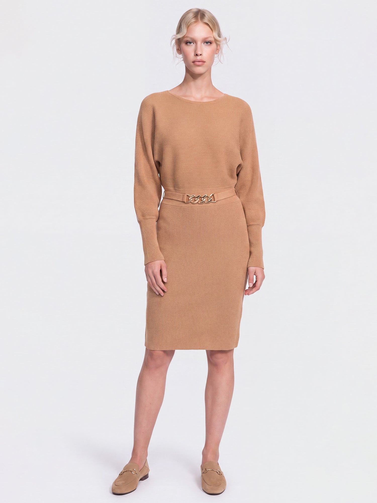 Strickkleid mit Fledermausärmeln und Kaschmiranteil | camel