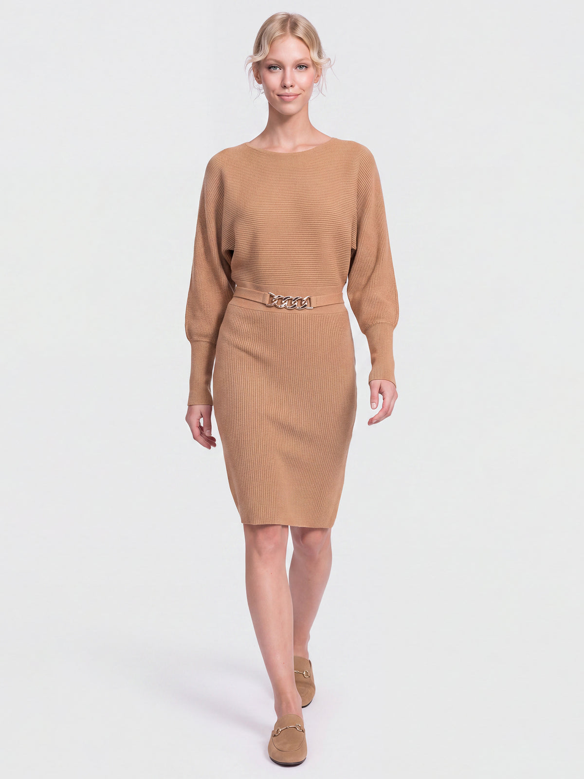 Strickkleid mit Fledermausärmeln und Kaschmiranteil | camel