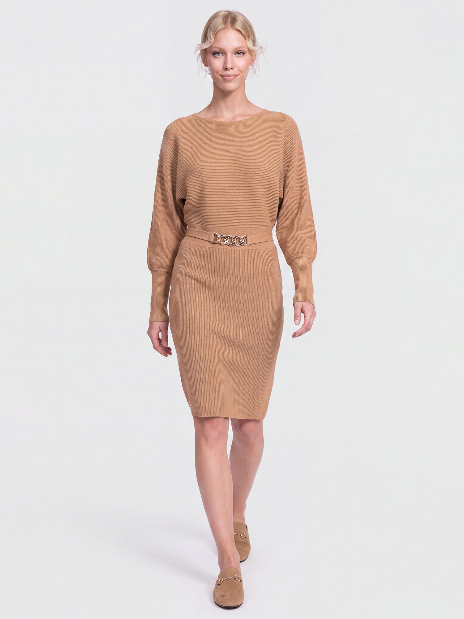 Strickkleid mit Fledermausärmeln und Kaschmiranteil | camel