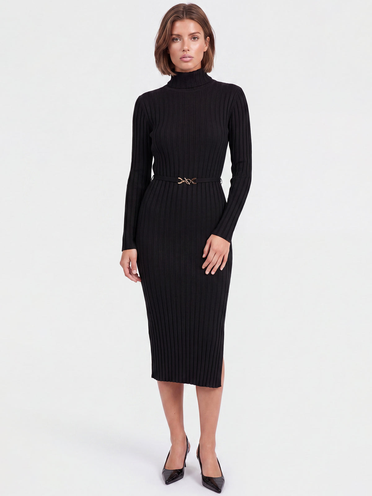 Rippenstrickkleid mit Rollkragen und Strickgürtel | schwarz
