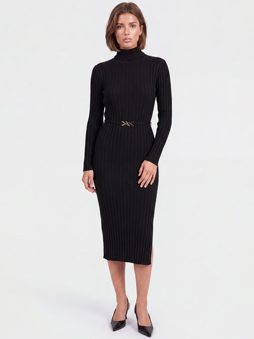Rippenstrickkleid mit Rollkragen und Strickgürtel | schwarz image 1