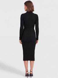 Rippenstrickkleid mit Rollkragen und Strickgürtel | schwarz