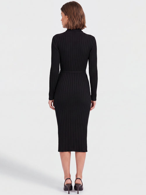 Rippenstrickkleid mit Rollkragen und Strickgürtel | schwarz image 1