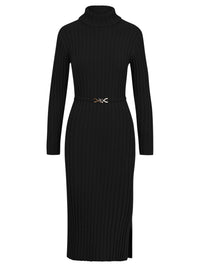 Rippenstrickkleid mit Rollkragen und Strickgürtel | schwarz