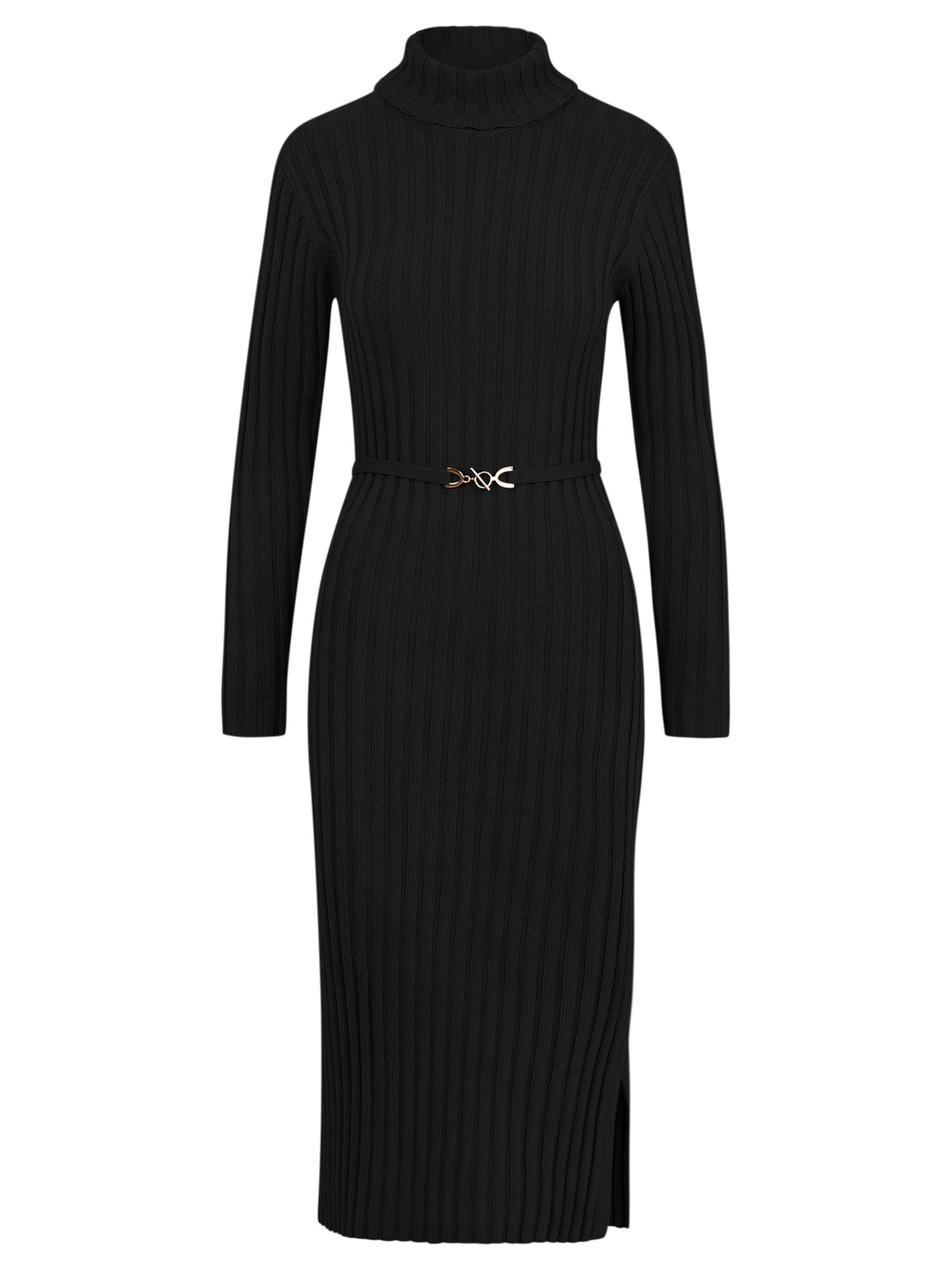 Rippenstrickkleid mit Rollkragen und Strickgürtel | schwarz