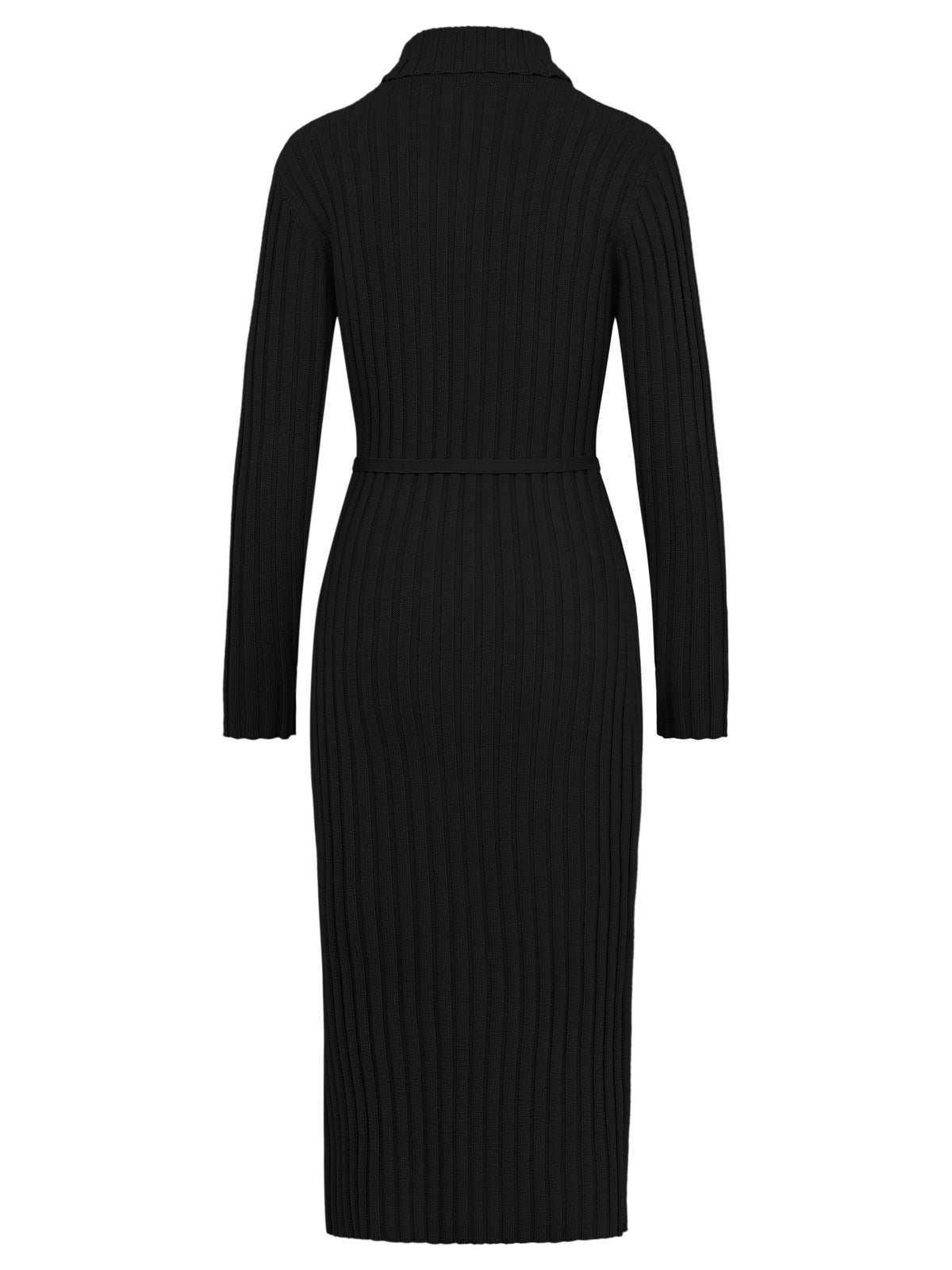 Rippenstrickkleid mit Rollkragen und Strickgürtel | schwarz